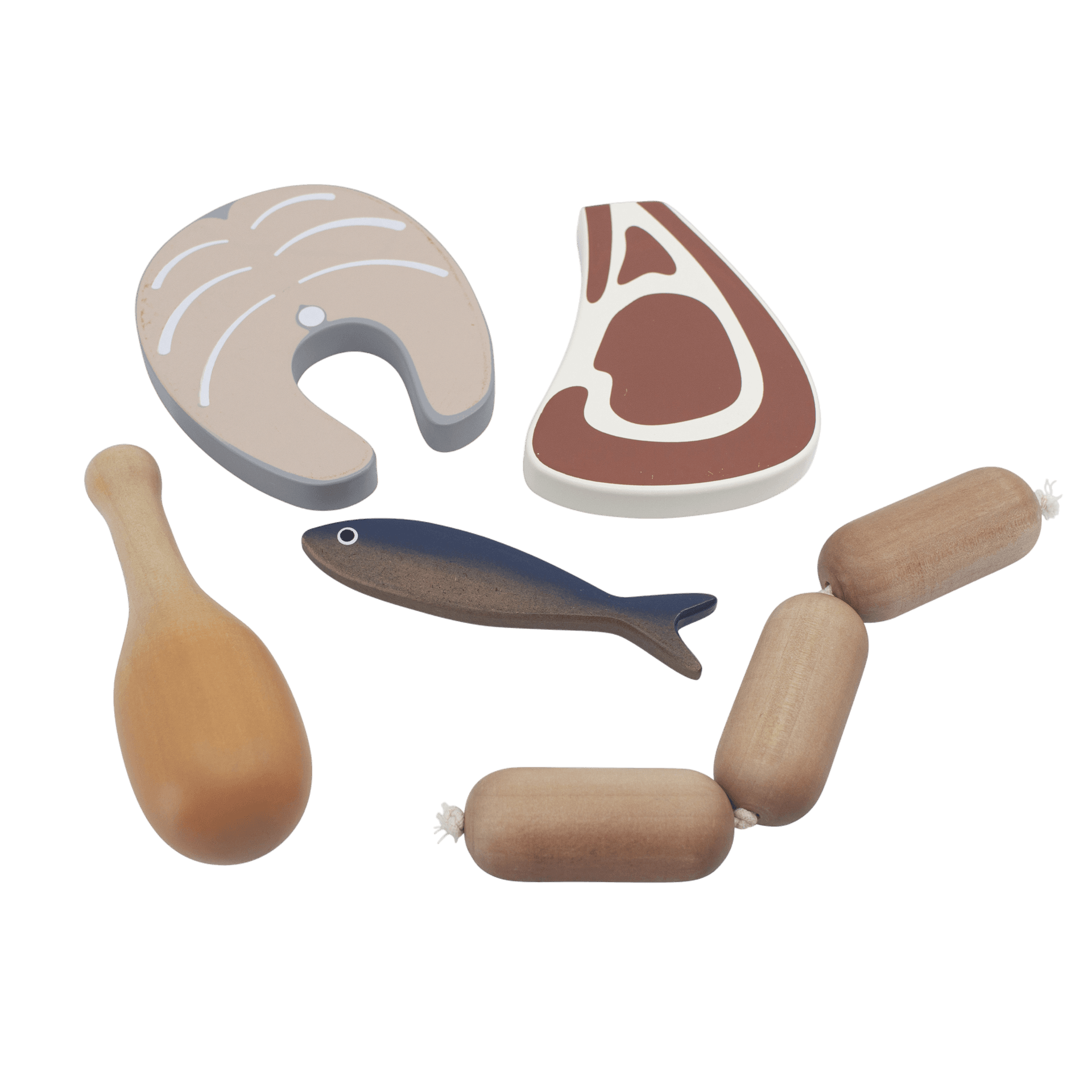 Spielzeuglebensmittel Fleisch und Fisch aus Holz